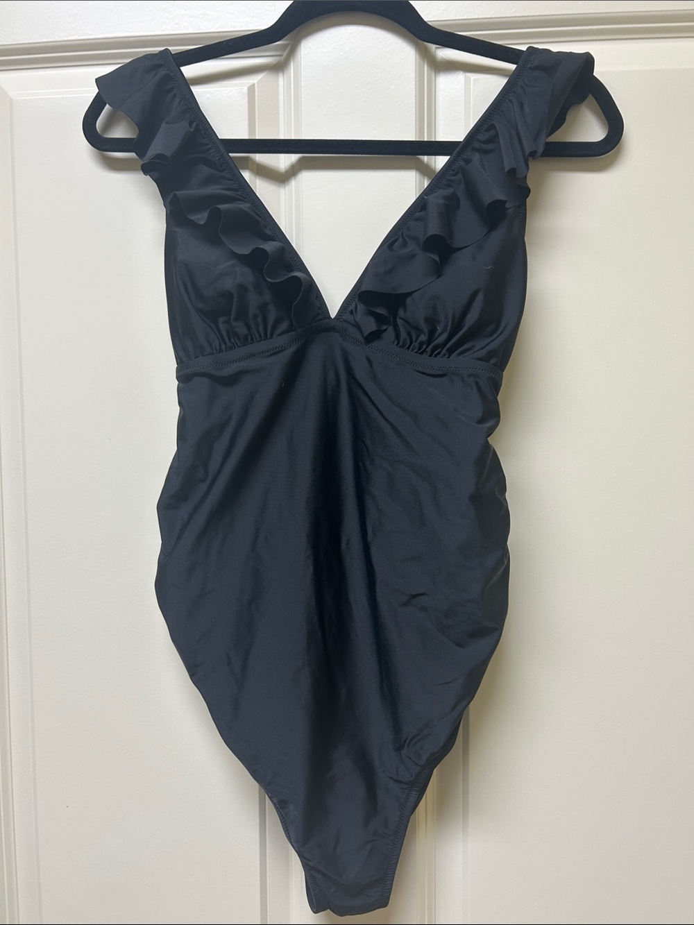 Black Ruffle V-Neck One-Piece Swimsuit